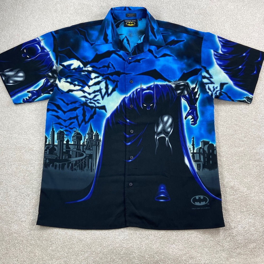 Vintage Warner Bros Batman Button Down Shirt Mens Large Blue All Over Print 2001